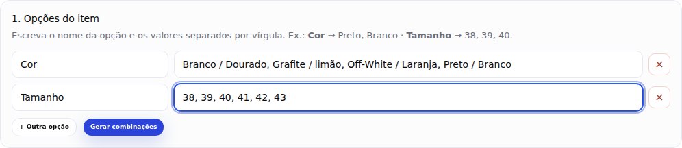 Cartão Opções do item com a opção Cor e seus valores e a opção Tamanho de 38 a 43