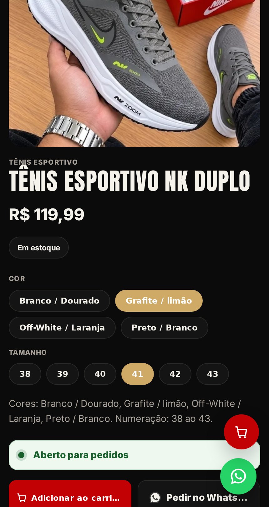 Página do produto com a cor Grafite / limão e o tamanho 41 selecionados e a foto da cor