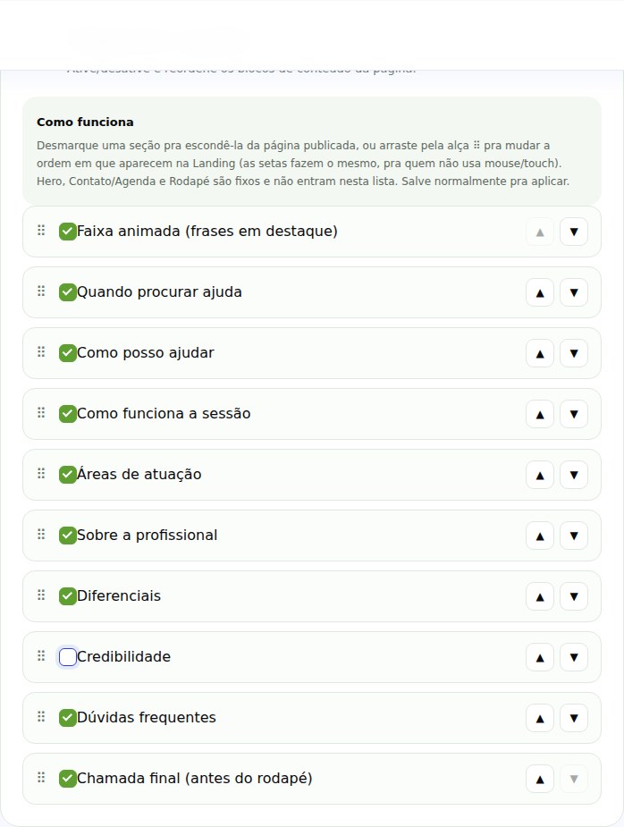 Lista Organizar seções com todos os blocos marcados, exceto Credibilidade, que está desmarcado