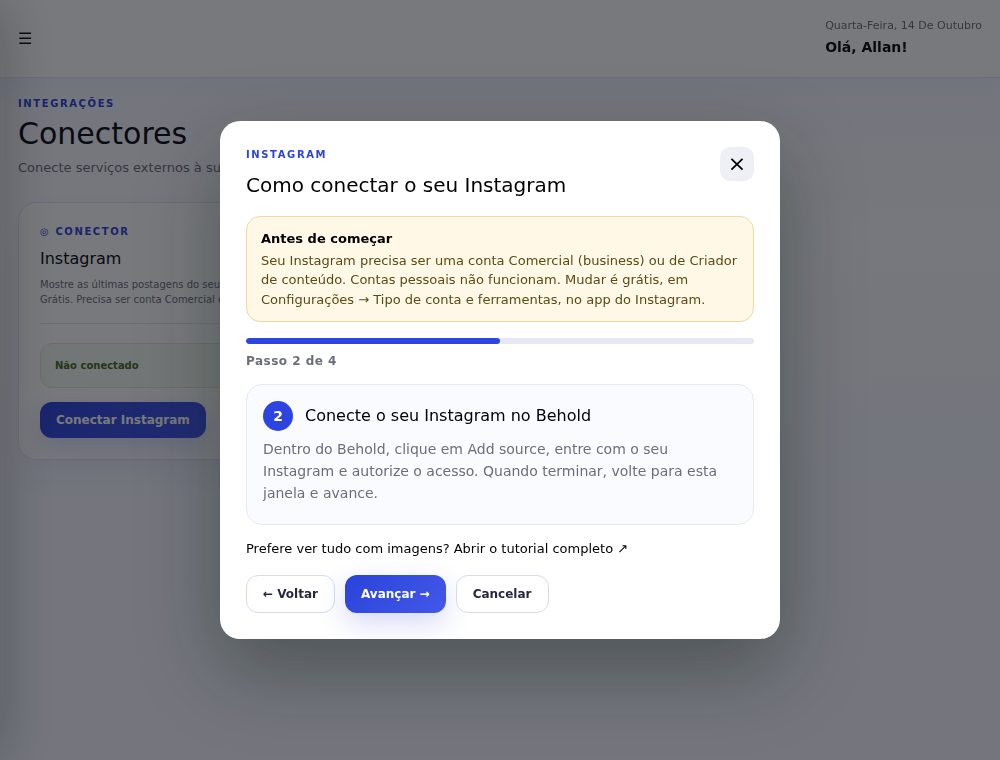 Assistente do Instagram no passo 2 de 4, Conecte o seu Instagram no Behold
