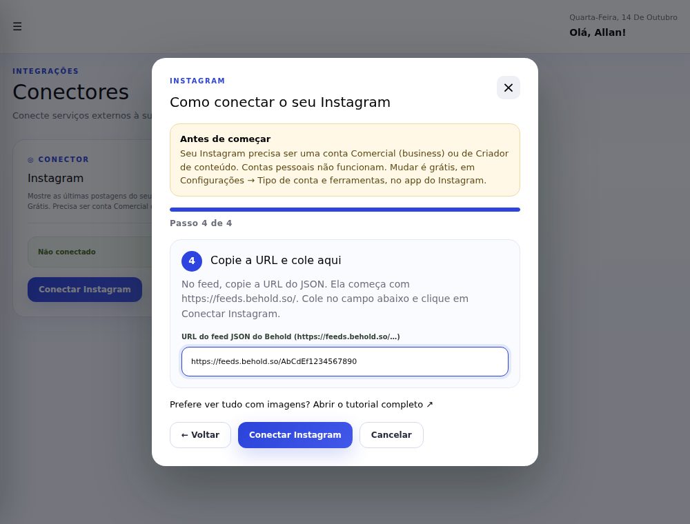 Assistente do Instagram no passo 4 de 4, com o campo da URL preenchido e o botão Conectar Instagram