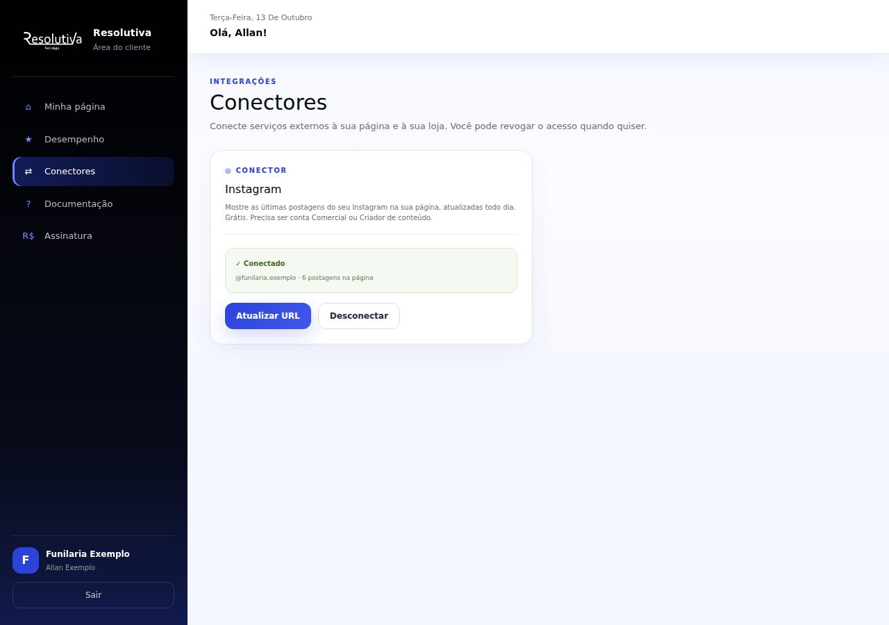 Cartão do Instagram com o status Conectado, o nome do perfil e o número de postagens