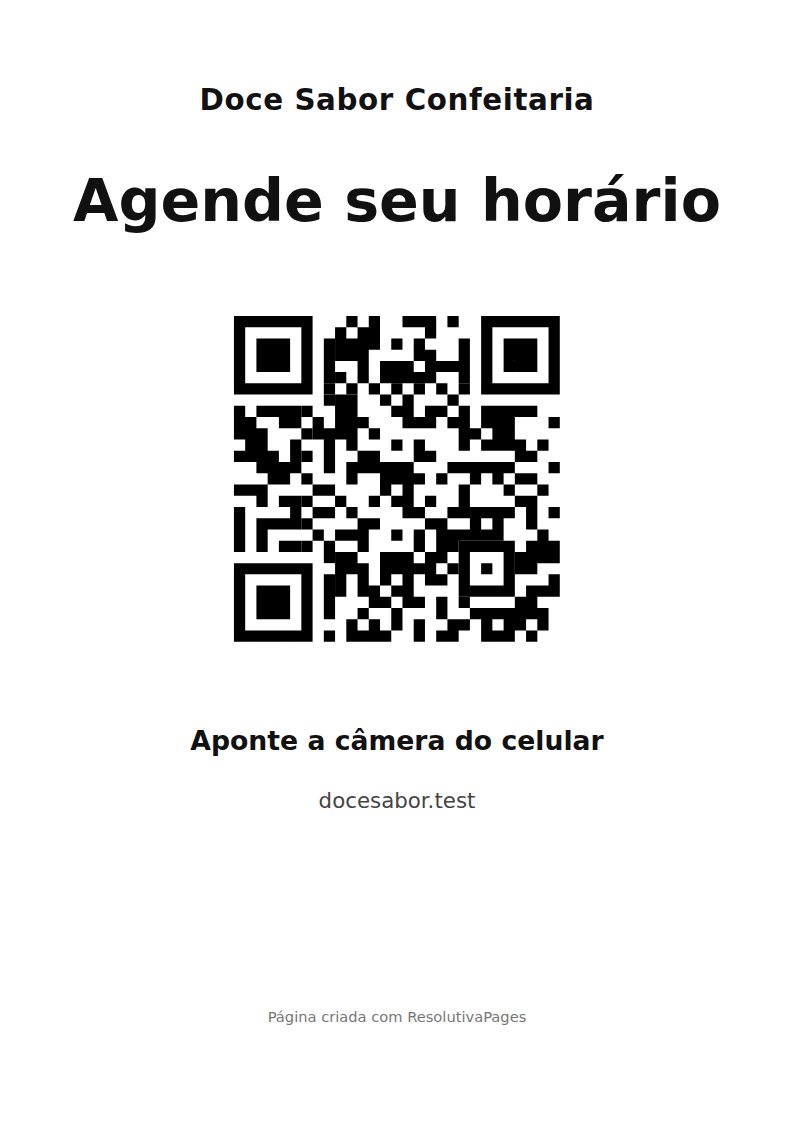 Cartaz em A4 com o nome do negócio, a chamada, o QR Code e o endereço da página
