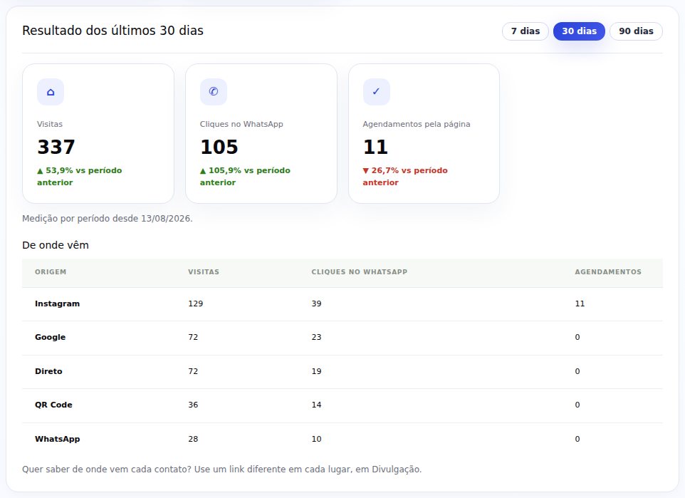 Resultado dos últimos 30 dias com visitas, cliques no WhatsApp, agendamentos e a tabela De onde vêm
