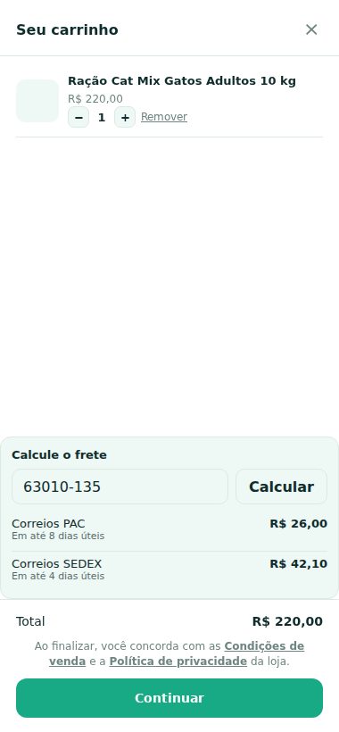 Carrinho com o bloco Calcule o frete e as opções de transportadora