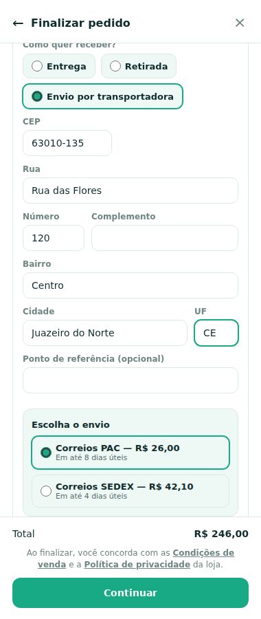 Checkout com a opção Envio por transportadora e a lista Escolha o envio com Correios PAC e SEDEX