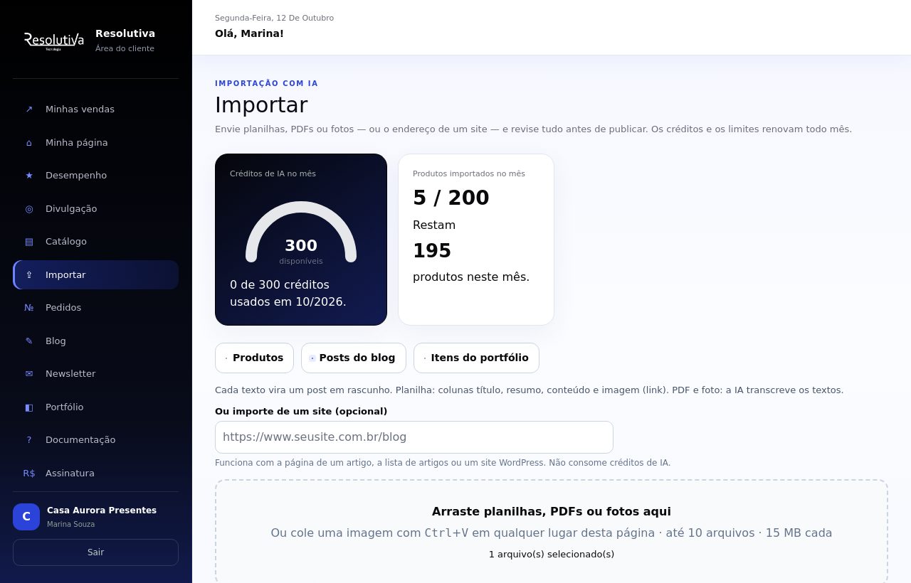Tela Importar com a opção Posts do blog marcada, o campo de endereço do site e um arquivo selecionado