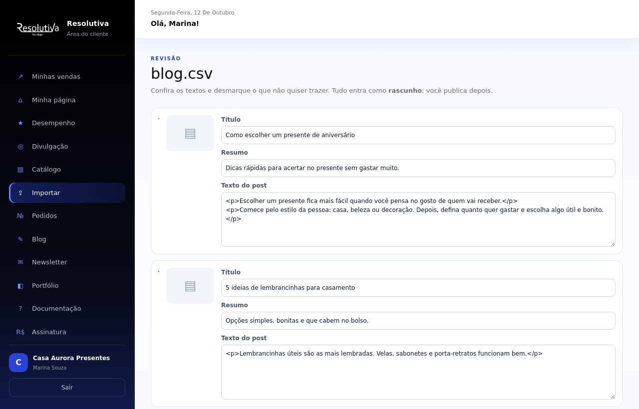 Tela de revisão com dois posts, cada um com título, resumo e texto do post editáveis