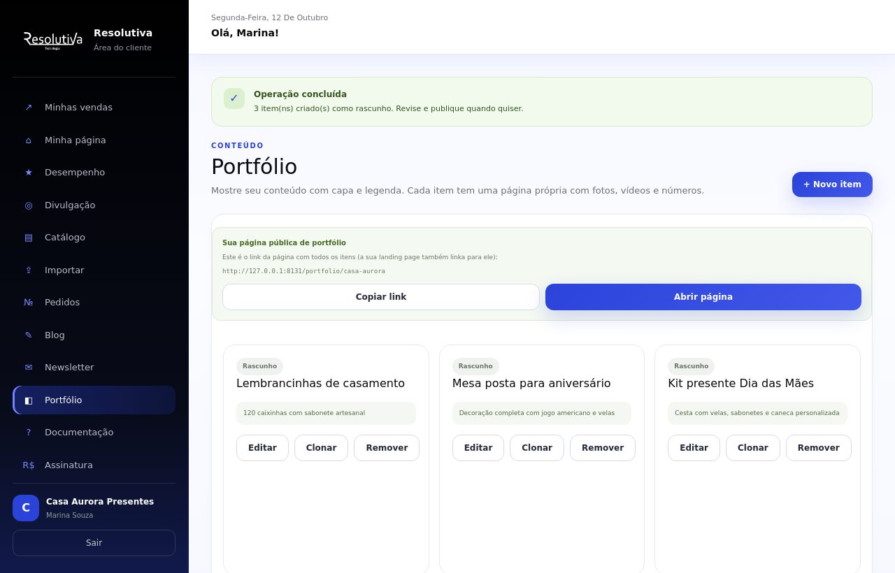 Lista do Portfólio com três itens importados marcados como Rascunho