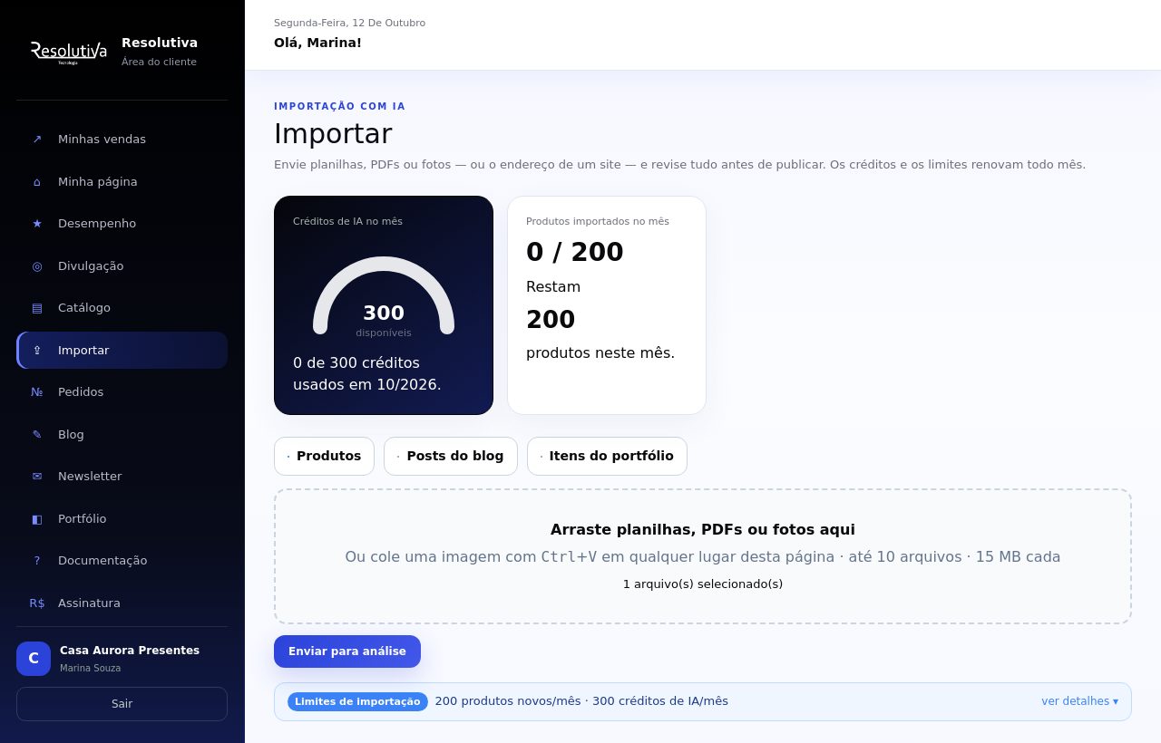Área de envio com um arquivo selecionado e o botão Enviar para análise