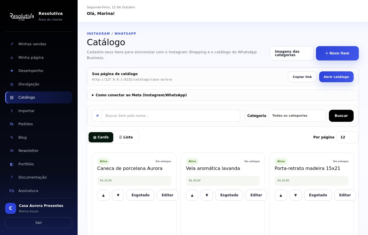 Catálogo do portal com os produtos importados listados como ativos