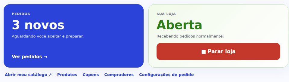 Tela Minhas vendas com o cartão de pedidos novos e o cartão da loja aberta com o botão Parar loja