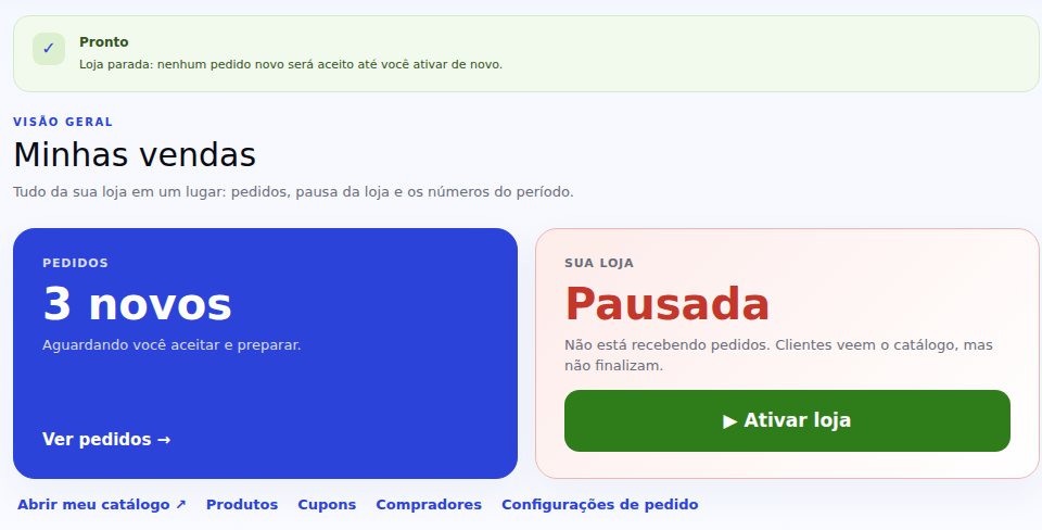 Loja pausada, com o botão verde Ativar loja e o aviso de que nenhum pedido novo será aceito