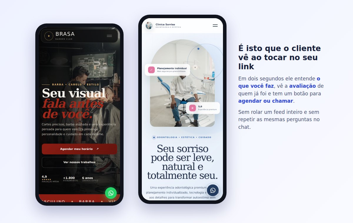 Duas páginas no celular, de uma barbearia e de uma clínica odontológica, com botão de agendar e de WhatsApp