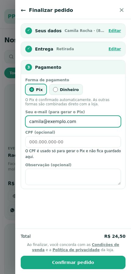 Finalizar pedido com Pix escolhido e os campos de e-mail e CPF