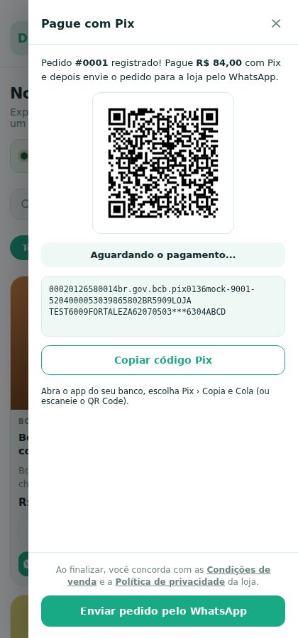Tela do Pix com QR Code, código copia e cola e o aviso Aguardando o pagamento