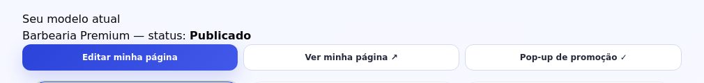 Quadro Seu modelo atual com os botões Editar minha página, Ver minha página e Pop-up de promoção com um sinal de verificado