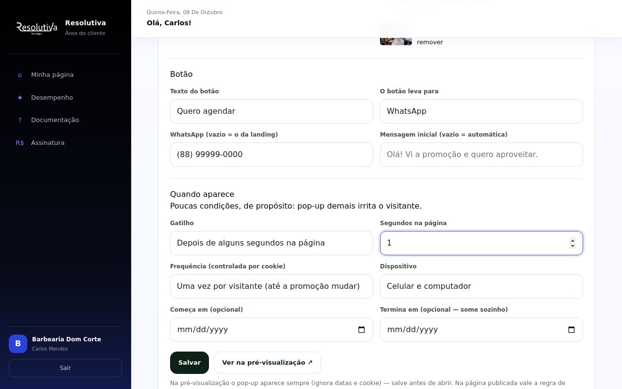 Opções de botão e a seção Quando aparece, com gatilho, frequência, dispositivo e datas de início e fim