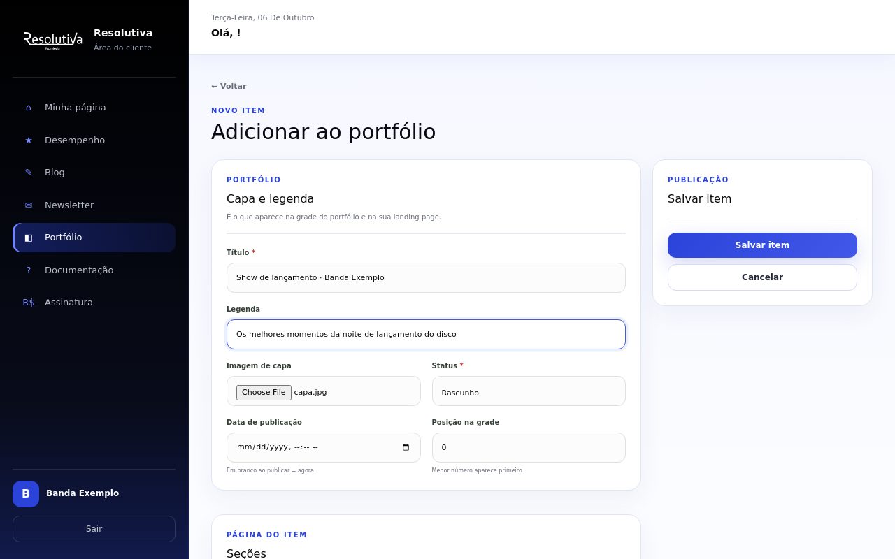 Formulário do portfólio com título, legenda e imagem de capa preenchidos