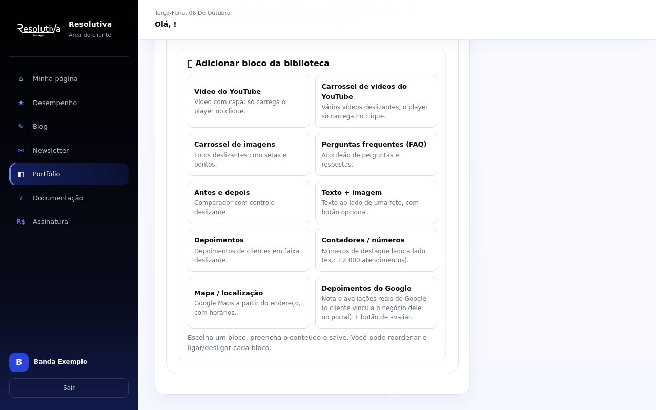 Biblioteca de blocos com a opção Vídeo do YouTube em destaque