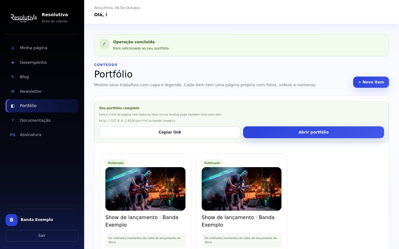 Lista do portfólio com o item publicado e o link do portfólio completo