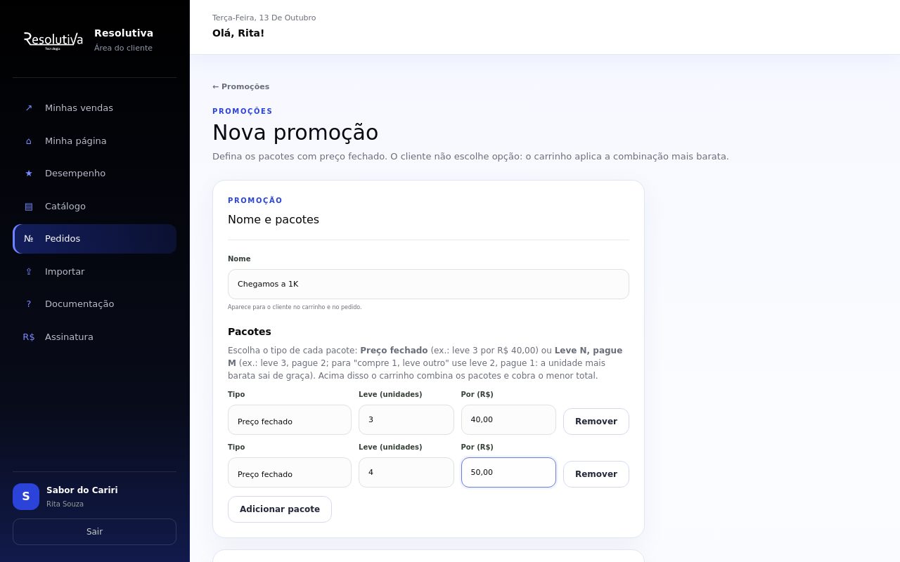 Tela Nova promoção, seção Nome e pacotes, com o nome Chegamos a 1K e dois pacotes do tipo Preço fechado: leve 3 por 40,00 e leve 4 por 50,00, com os botões Remover e Adicionar pacote